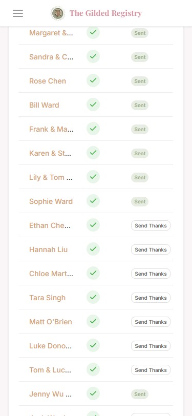 Mobile Gifts tracker showing Guest, Received (as icons), and Thank-you columns