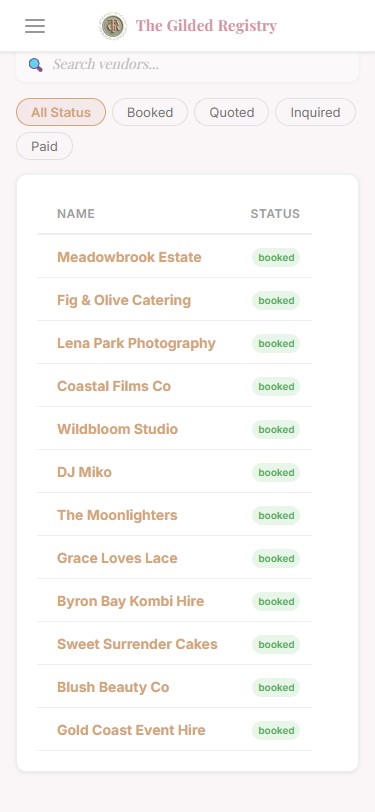 Mobile Vendor Tracker showing Name and Status columns