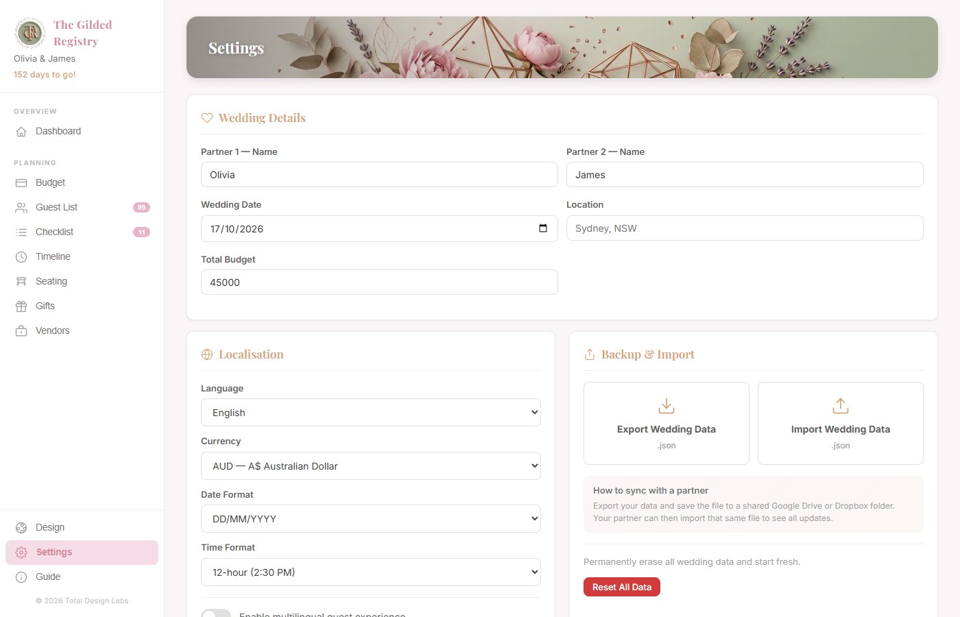 Settings page showing Wedding Details, Localisation, Backup & Import, and Legal sections with Export and Import buttons